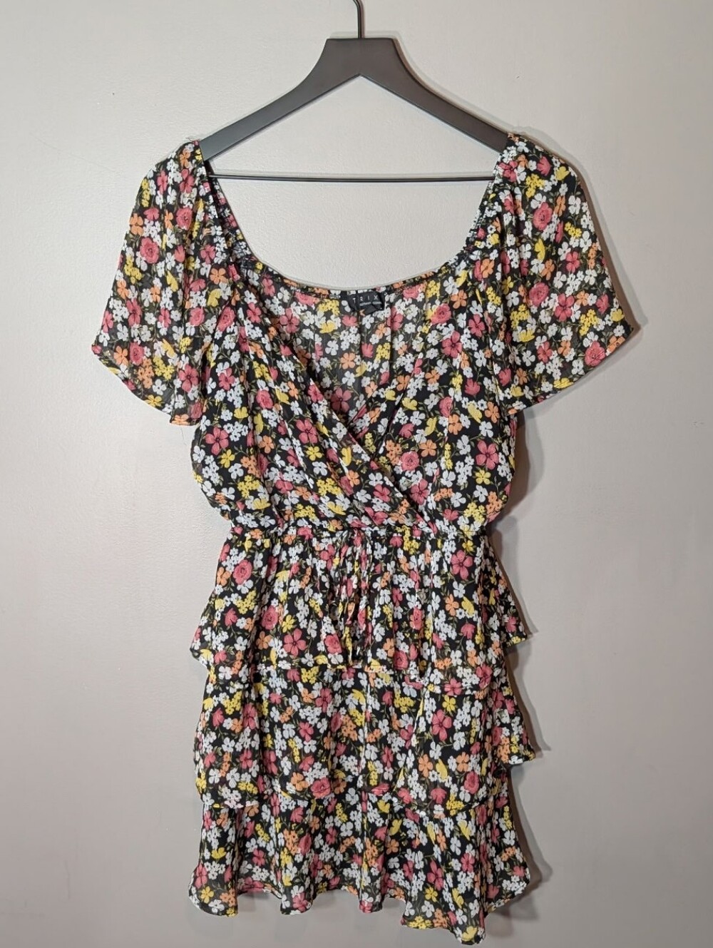 Trixxi Black Floral Ruffle Tiered Mini Dress with Pink & Yellow Blooms